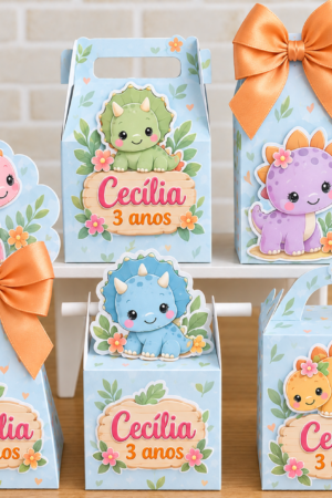 Kit 20 Caixinhas Personalizadas Dinossauro baby menina